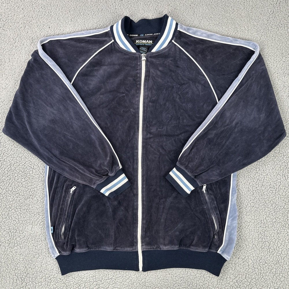 Vintage 90s Koman Velour Track Jacket Full Zip Men Large Blue Warm Up Hip Hop